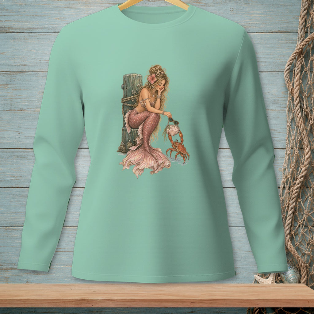 Mint long-sleeve shirt with a mermaid holding sunglasses for a crab.