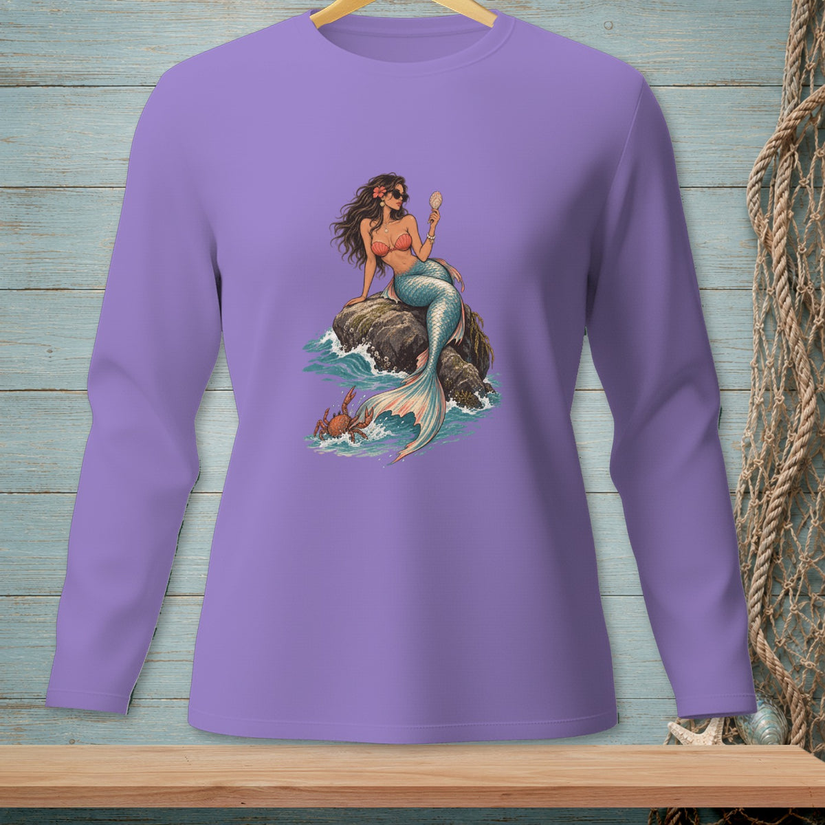 Long sleeve lavender shirt with a mermaid and crab graphic.