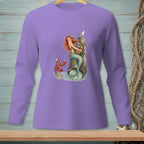 Mermaid with a basket of oysters and a lobster on a dock, with a seagull.