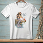 White t-shirt with illustration of mermaid and lobster, text "Good Start."