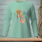 Mermaid with drink and text "BAD HAIR GOOD POUR" on mint green long sleeve shirt.
