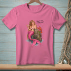 Pink t-shirt with mermaid, lobster, and text "That's Nice. What Else?".