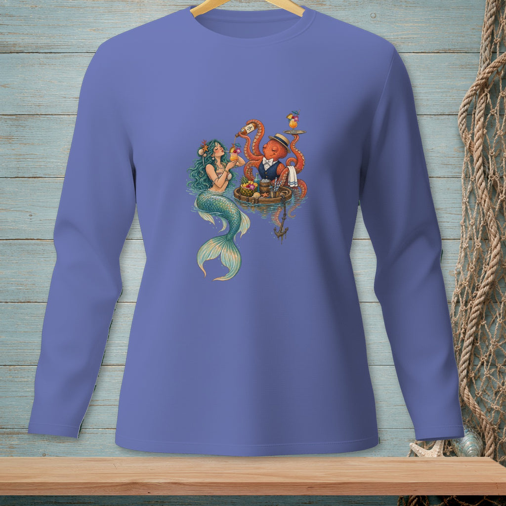 Mermaid and octopus serving drinks on a raft with fruit and an anchor.
