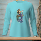 Mermaid sitting on pier with mirror, purple tail, long brown hair.