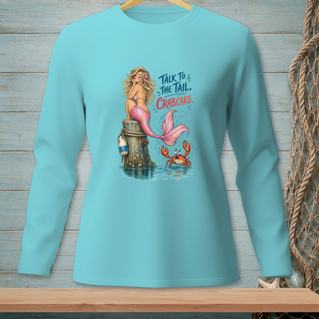 Mermaid and crab illustration with text "Talk to the tail, crabcake."