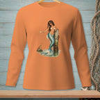 Orange long-sleeve shirt with a mermaid graphic holding a drink.