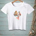 White t-shirt with a mermaid, lobster, buoys, and flowers illustration.