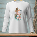 Illustration of a mermaid with pink tail on dock, holding a drink, text reads "Nailed the Beach Hair."