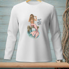 Illustration of a mermaid with pink tail on dock, holding a drink, text reads "Nailed the Beach Hair."