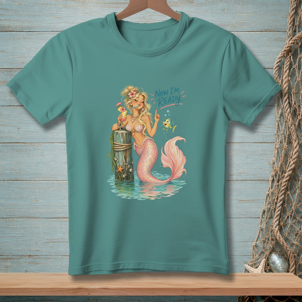 Blonde mermaid with pink tail drinks a cocktail, text says "Now I'm READY."