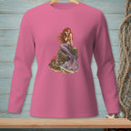 Pink long-sleeve shirt with a detailed illustration of a mermaid sitting on a rock.