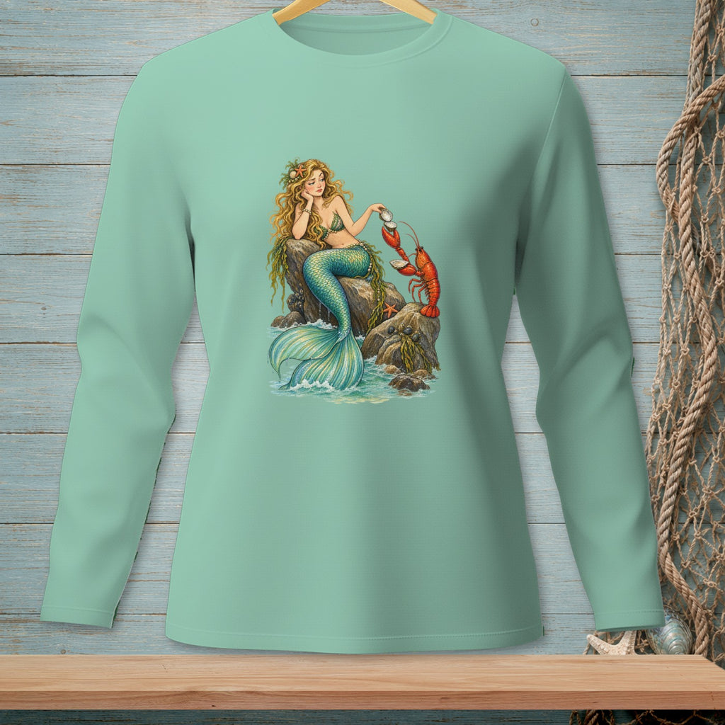 Mint green long-sleeve shirt with a mermaid and lobster illustration.