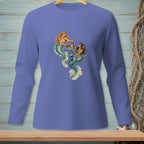 Two mermaids sharing drinks from a floating tray on a long-sleeved purple shirt.
