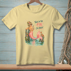 Yellow t-shirt with mermaid graphic and text "Talk to the Fin. I'm Busy."