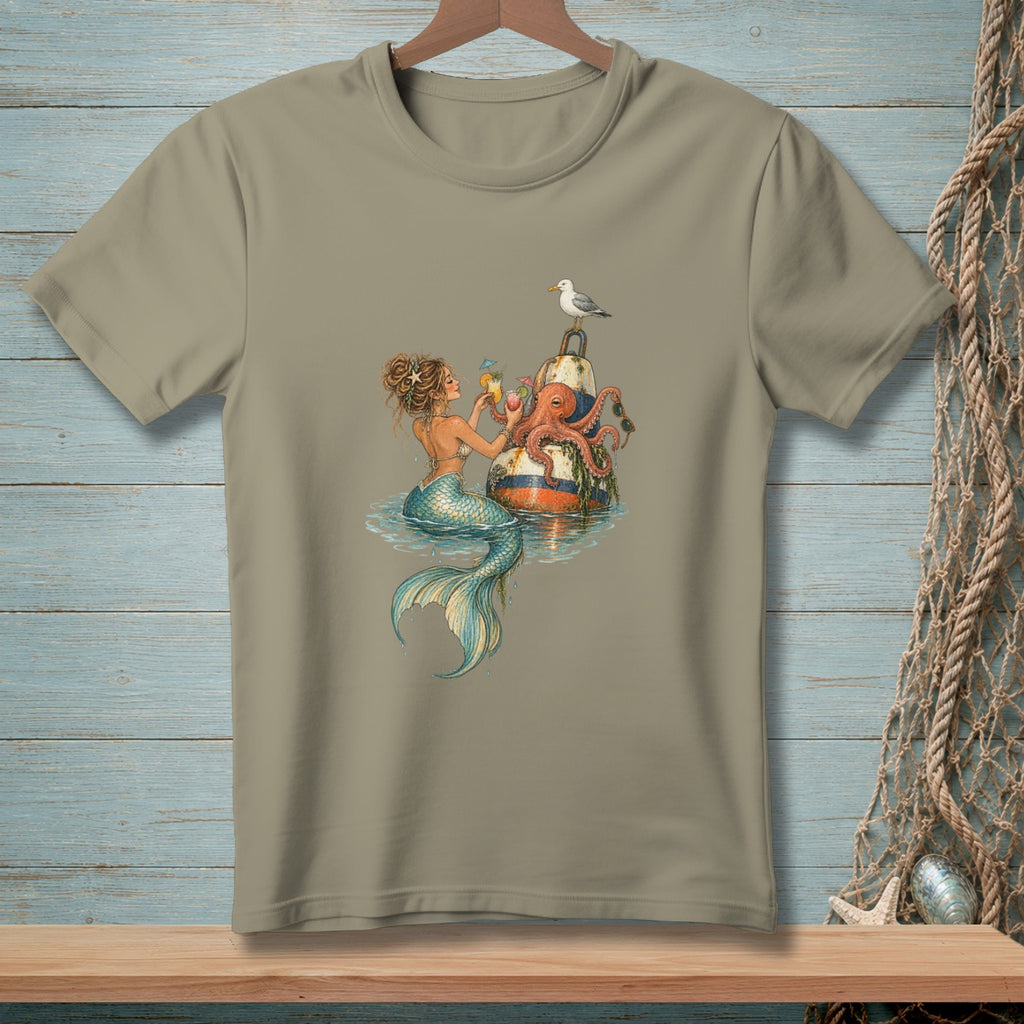 Mermaid sitting on buoy with octopus and seagull, holding drinks.