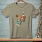 Mermaid sitting on buoy with octopus and seagull, holding drinks.
