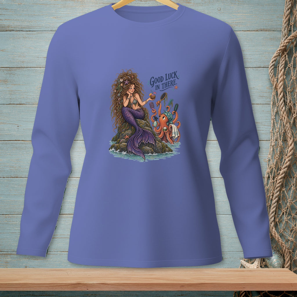 Mermaid and octopus with hair combs, text "Good Luck In There."