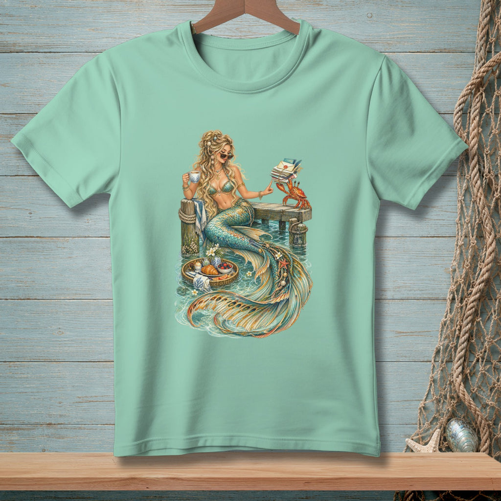 Mint t-shirt featuring a mermaid with coffee, a crab, and a basket of fruit.