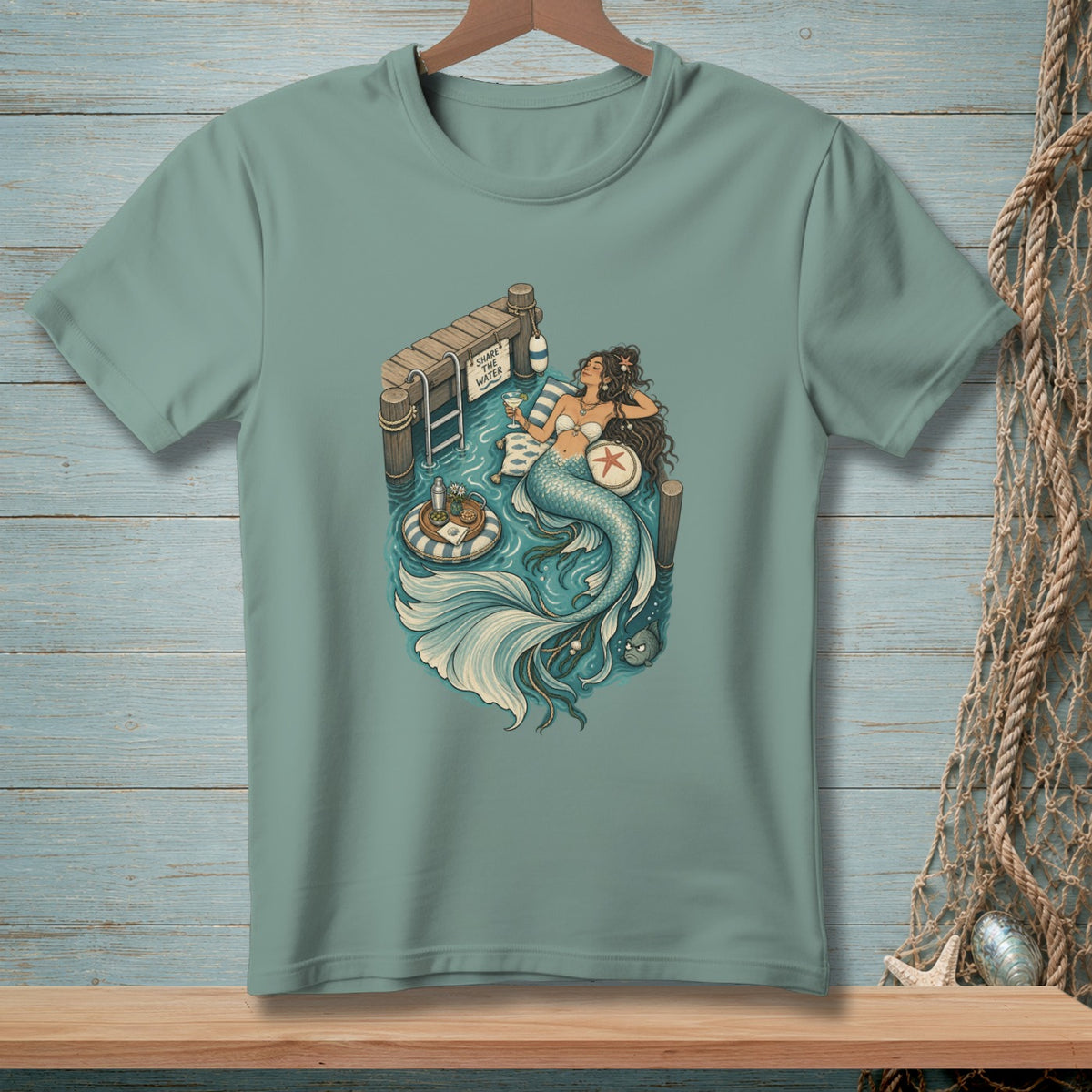 Illustration of a mermaid relaxing by a dock with a drink and a sign saying "Share the water."