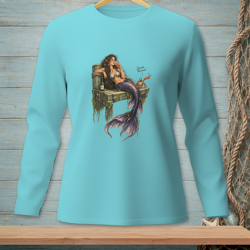 Illustration of a mermaid on a pier with a crab and text "Sounds Personal".