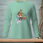 Mermaid with octopus and seagull near lighthouse on mint green long sleeve shirt.