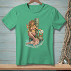 Mermaid holding a drink by a dock post with a crab holding a sign saying "LET ME STOP YOU THERE."