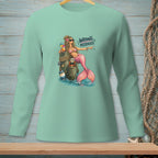 Mint green long sleeve shirt with a graphic of a mermaid on a dock, saying "WRONG MERMAID."