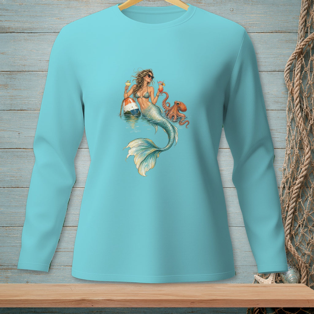 Mermaid with octopus and drinks beside buoy on turquoise long-sleeve shirt.