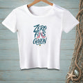 White t-shirt with "Zero Fins Given" text and a pink mermaid tail graphic.