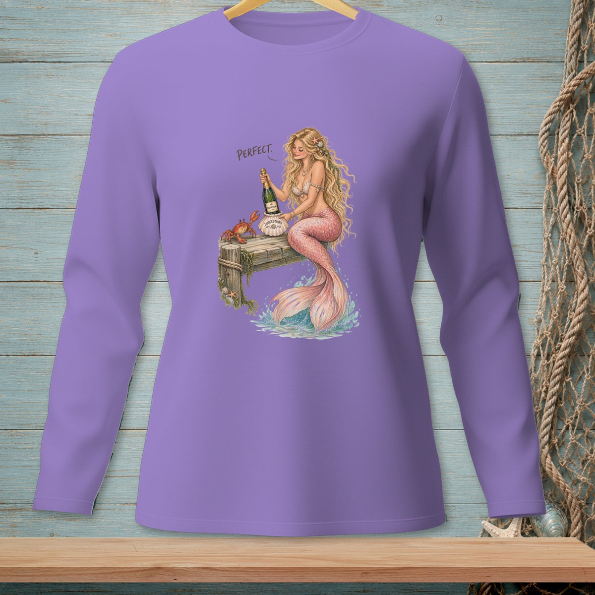 Mermaid with champagne on pier, with text "PERFECT."
