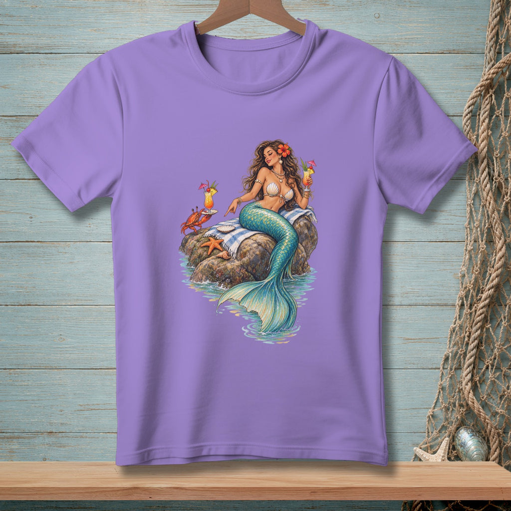 Purple t-shirt with a mermaid holding a cocktail with a crab and starfish.