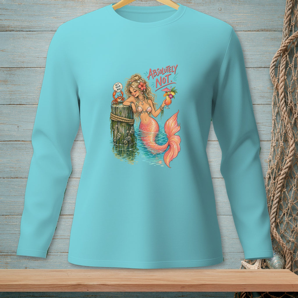 Mermaid with cocktail and crab on pier, text "ABSOLUTELY NOT."