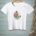 White t-shirt with a mermaid, octopus, crab, and seashells illustration.