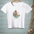 White t-shirt with a mermaid, octopus, crab, and seashells illustration.