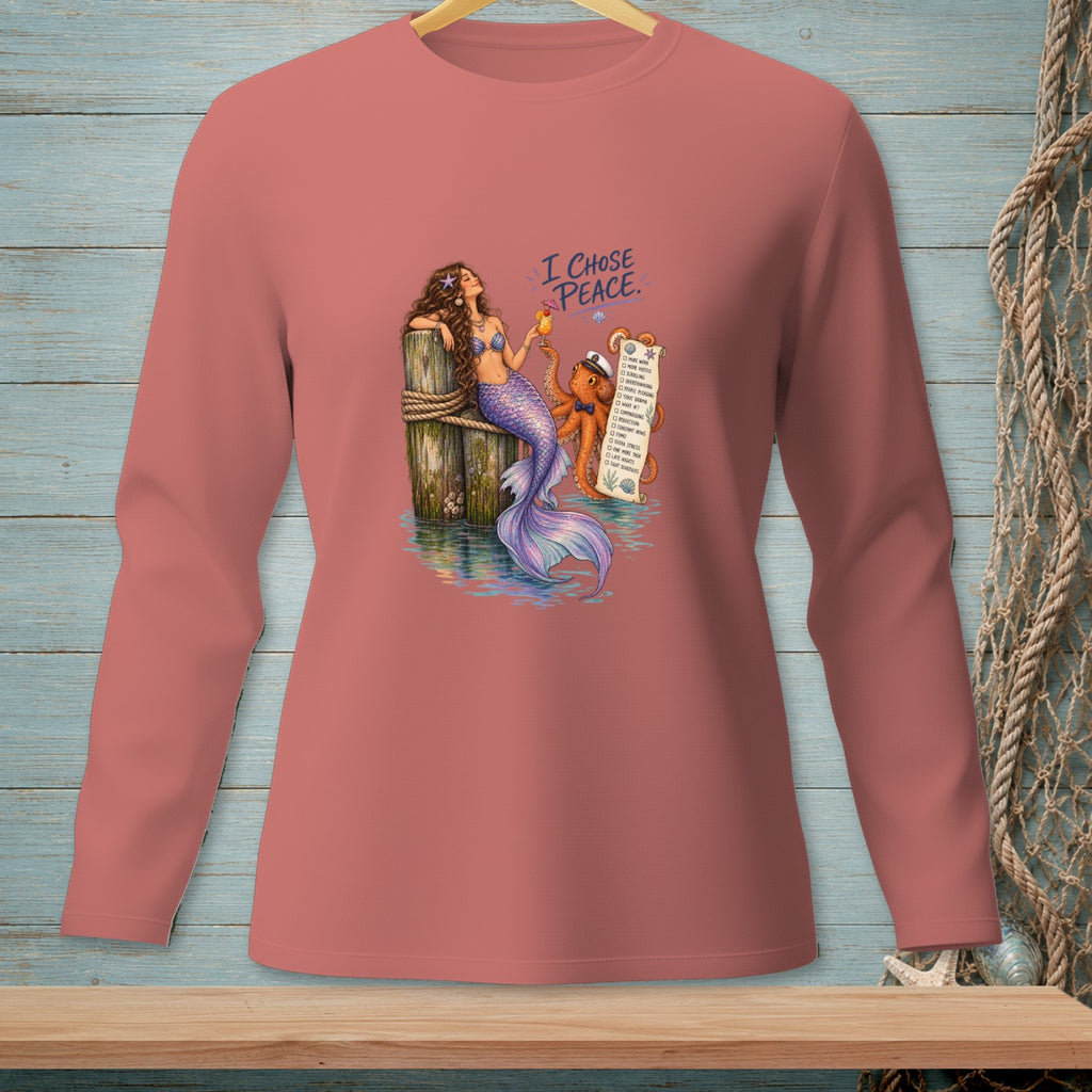 Mermaid with octopus holding drink and list with "I CHOSE PEACE." text.