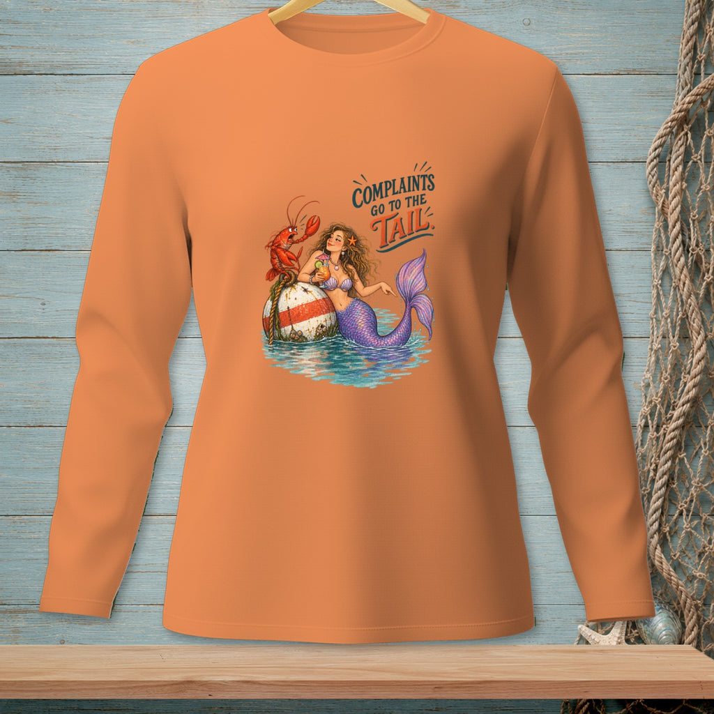 Mermaid with lobster on a buoy, "Complaints go to the tail" text.