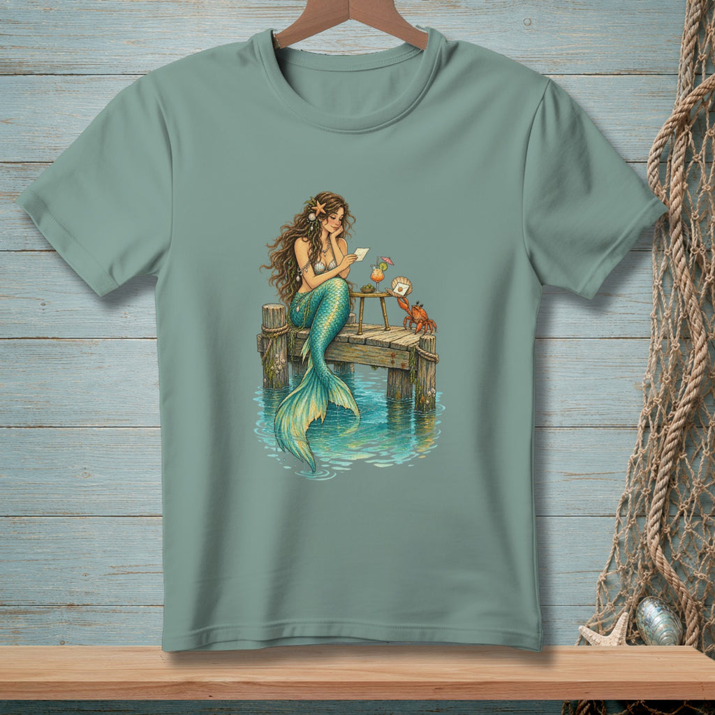 Mermaid reading a letter on a dock with a crab and drinks.