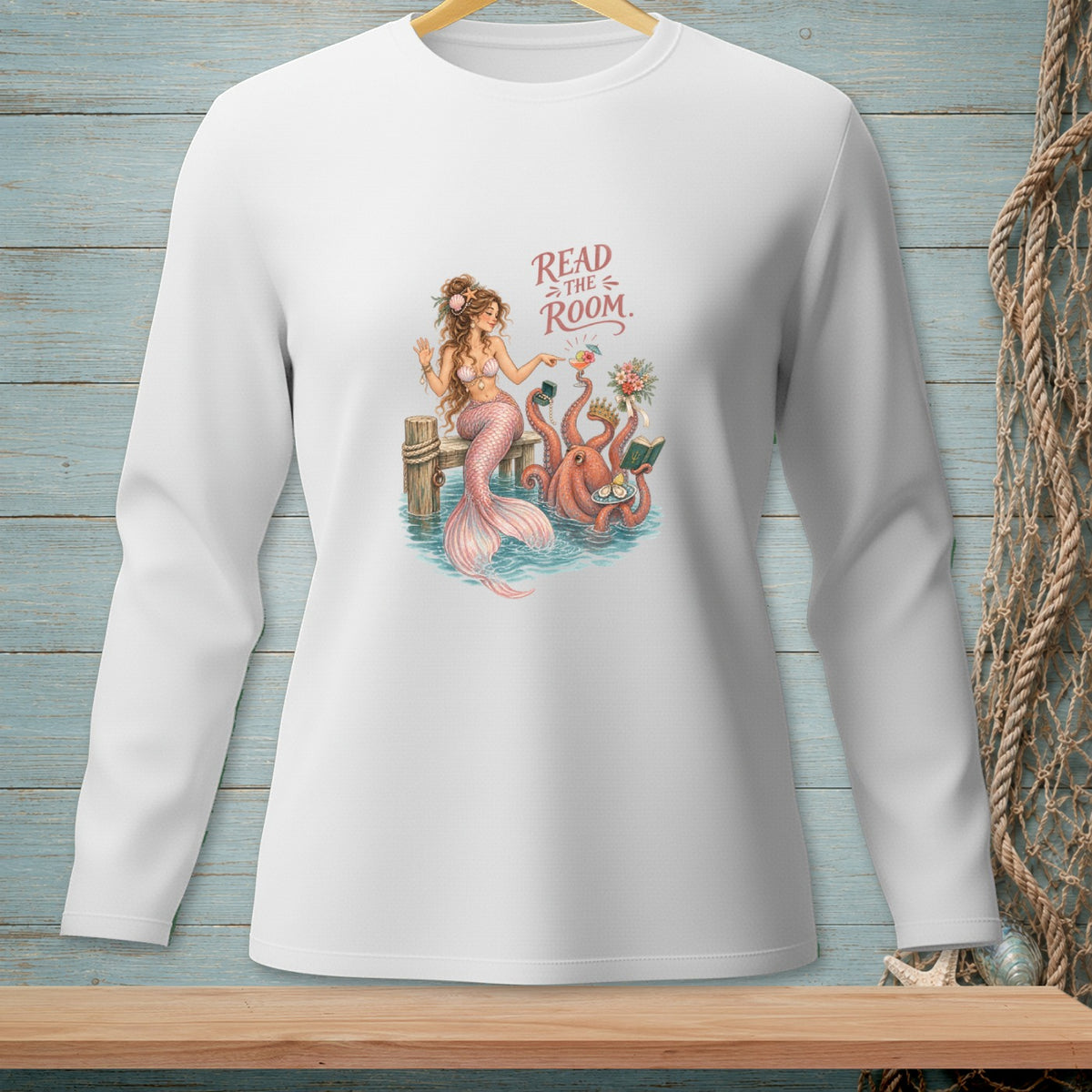 White long-sleeve shirt with mermaid and octopus illustration reading "Read the Room."