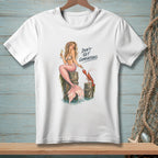 White t-shirt with mermaid and lobster graphic and text "Don't Get Comfortable."
