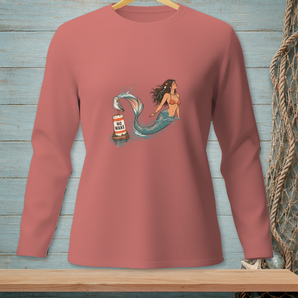 Mermaid with a buoy labeled "NO WAKE" on a long-sleeved shirt.