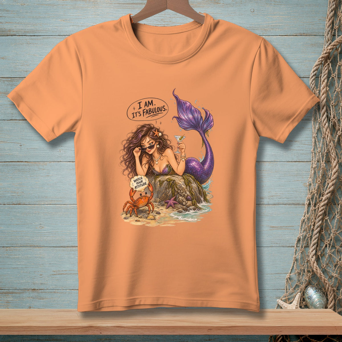 Mermaid with purple tail and martini, crab saying "Watch your attitude."