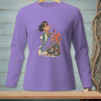 Long sleeve lavender shirt featuring a mermaid and octopus graphic.