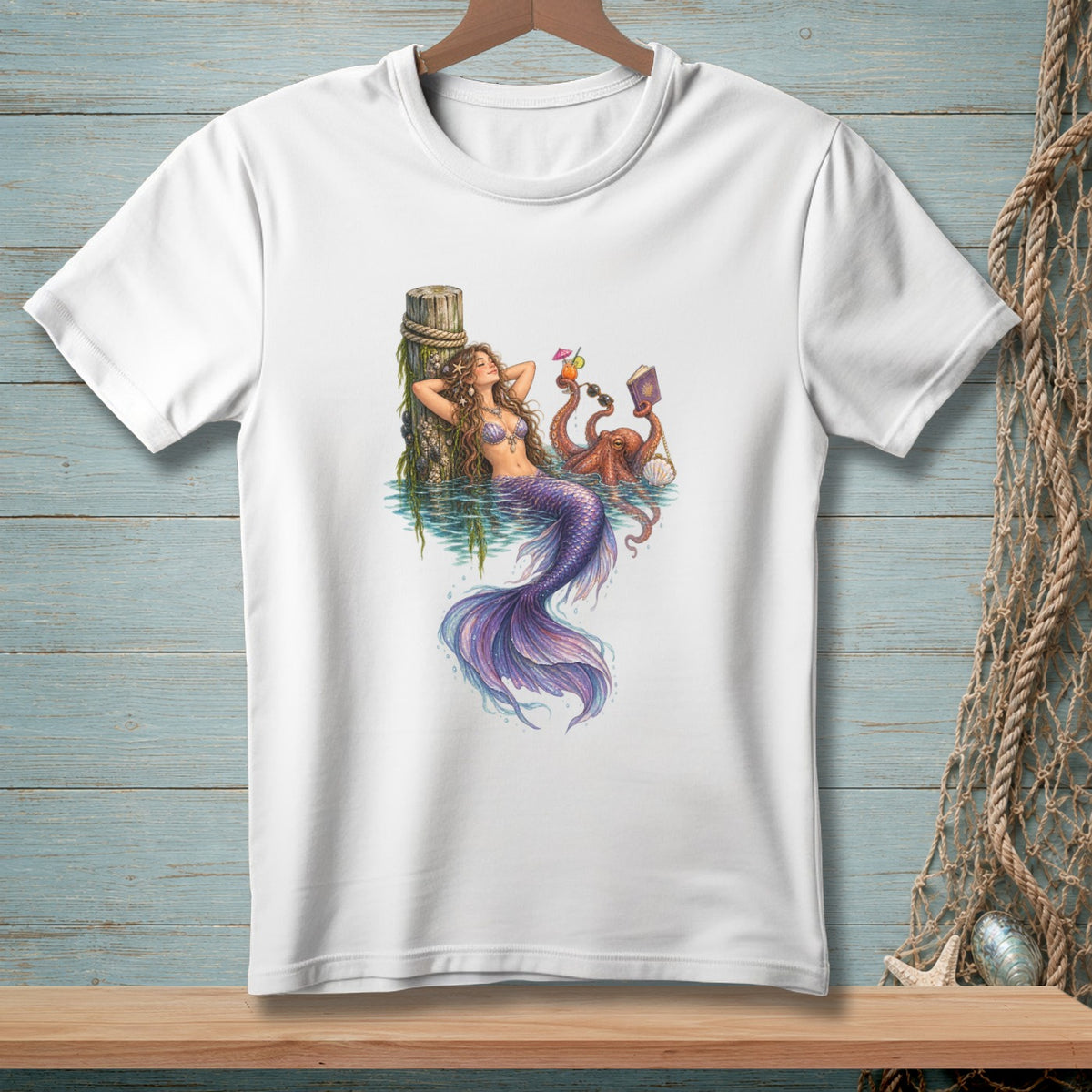 Mermaid relaxing by pier with octopus holding drinks and a book.