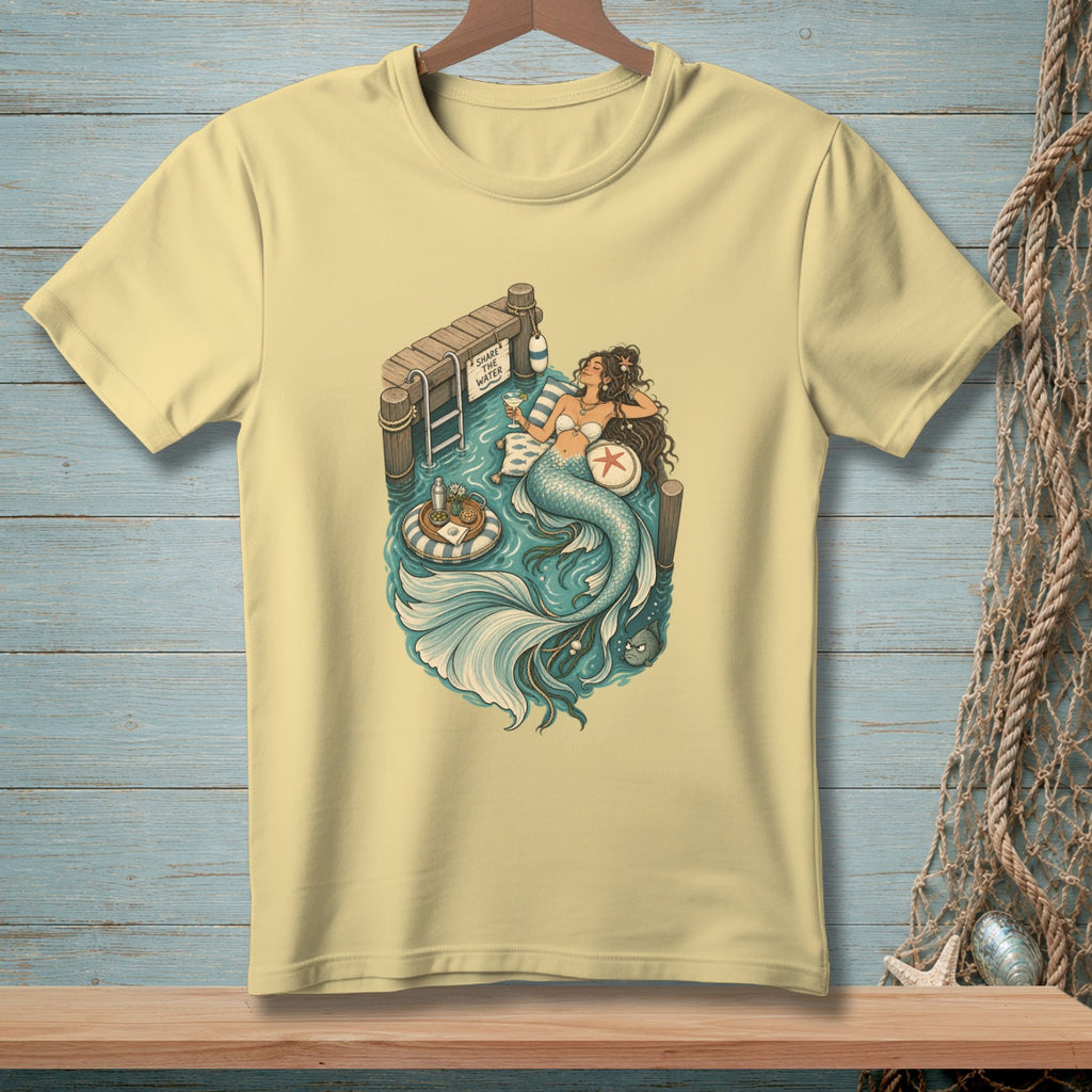 T-shirt with a mermaid relaxing on a dock with a drink and "Share the water" sign.