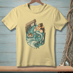 T-shirt with a mermaid relaxing on a dock with a drink and "Share the water" sign.