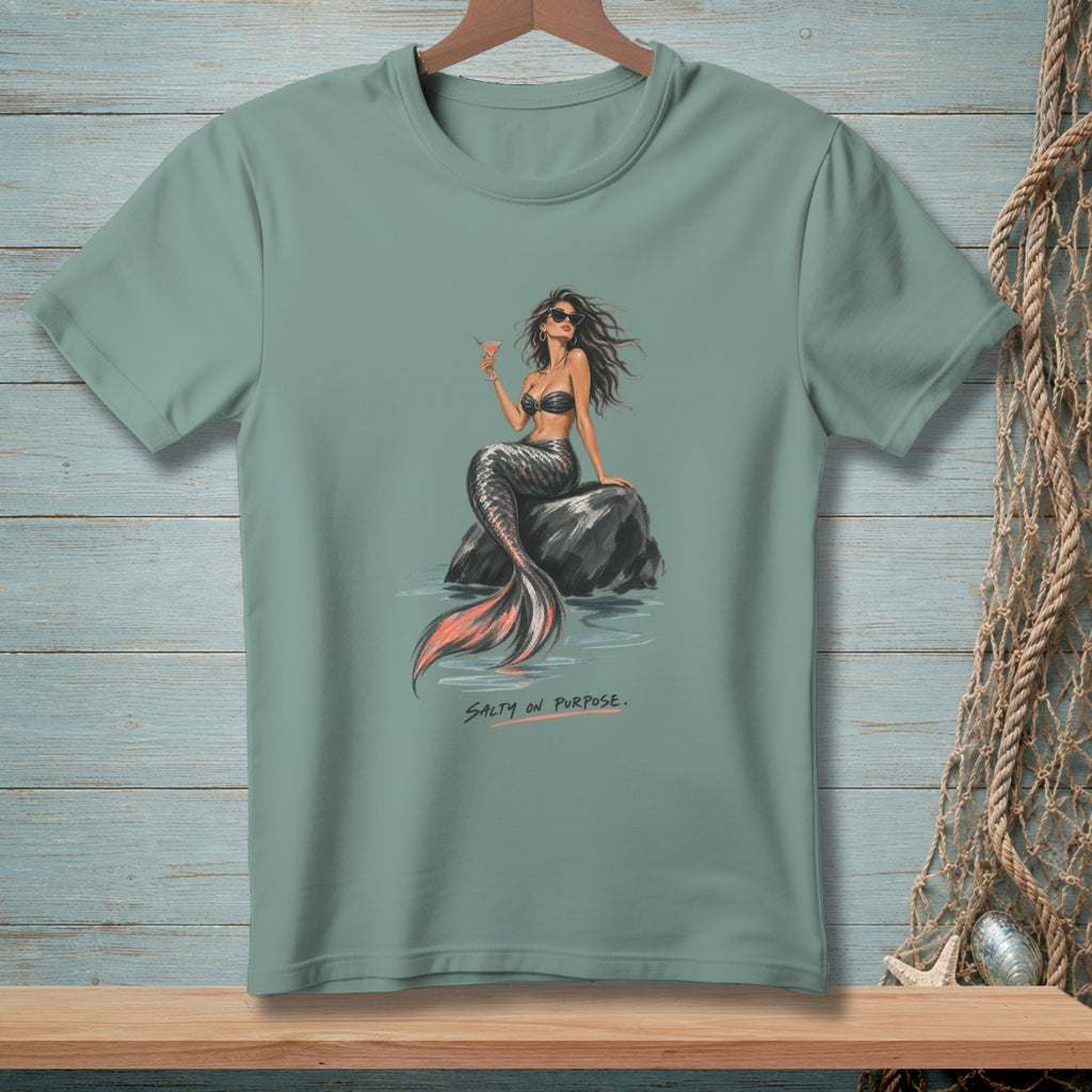 Mermaid with sunglasses holding a drink on a rock, with "Salty On Purpose" text.