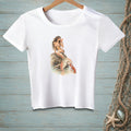 White t-shirt with watercolor art of a mermaid and lobster by the water.
