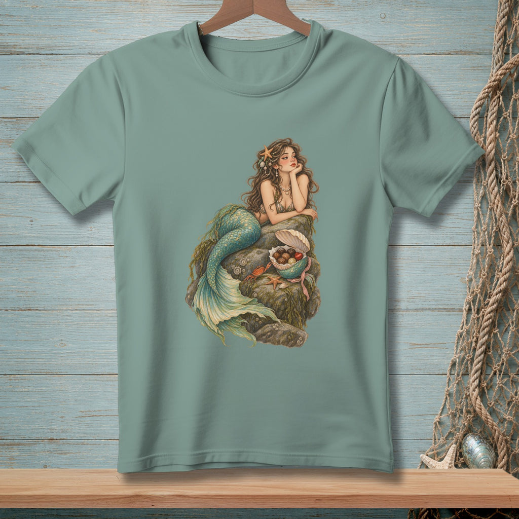 Teal t-shirt with a mermaid sitting on rocks, holding seashells and pearls.