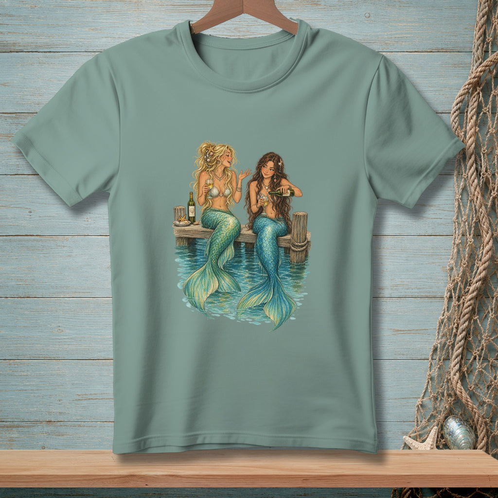 Two mermaids with wine glasses sitting on a dock with blue water.