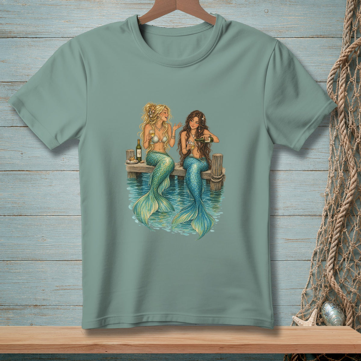 Two mermaids with wine glasses sitting on a dock with blue water.